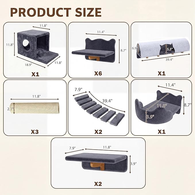 16-in-1 Cat Wall Shelves, Wall Mounted Cat Furniture Set w/Plush Fabric, Cat Climbing Wall Systems, Cats Shelf with 40''L Tunnel, Condos, House, Steps, Bridge Ladder & Scratching Post, Grey