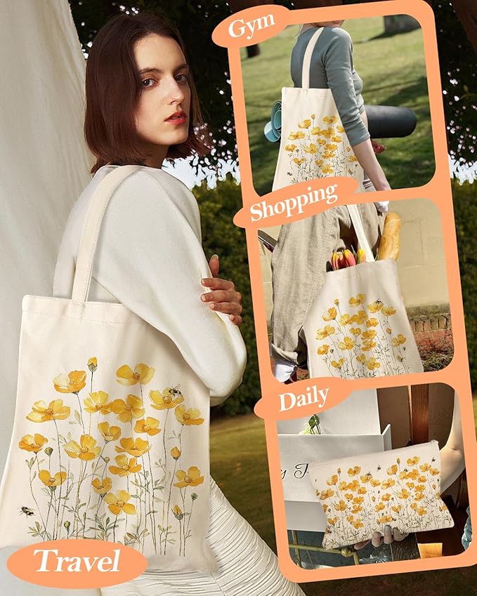 Miss Adola Aesthetic 2 Pack Canvas Tote Bag - with Makeup Zipper Pouch for Women Bag for Shopping, Gym, Travel, Vacation