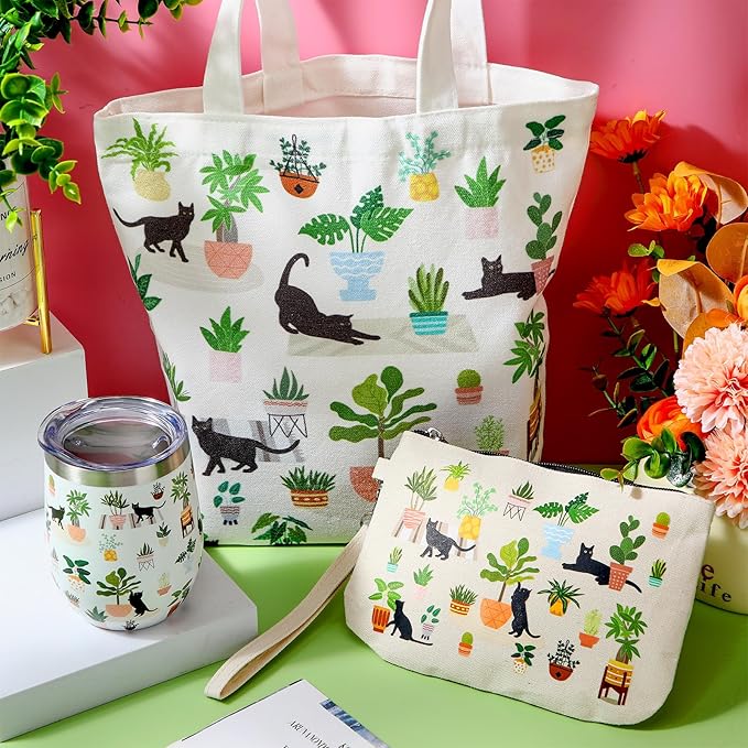 Dansydaisy 3 Pcs Plant Lover Gifts for Women Black Cat Canvas Tote Bag with Zipper Pockets Aesthetic Reusable Canvas Tote Bag for Black Cat Lovers Teacher Back to School Gifts Birthday