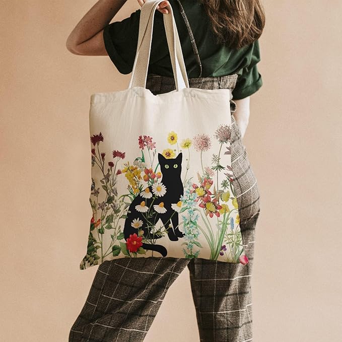 bmuvghi Black Cat Canvas Tote Bag with Zipper Pockets Vintage Flowers Cute Tote Bag Aesthetic Reusable Shopping Grocery Bags Birthday Gifts for Women