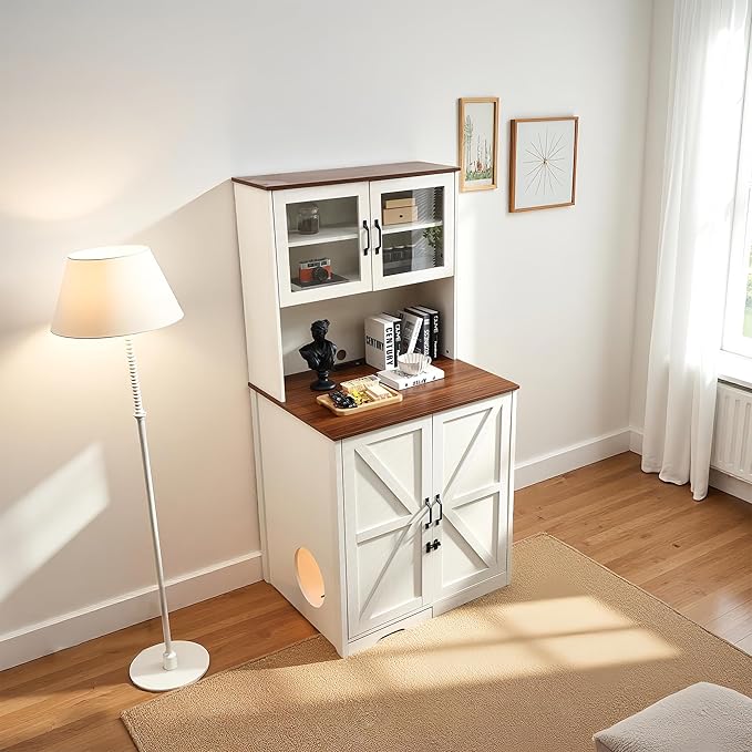 Extra-Large Enclosure for Self-Cleaning Cat Litter Boxes, Wooden Cat Litter Furniture with LED Lighting, a Adjustable Shelf and Doors