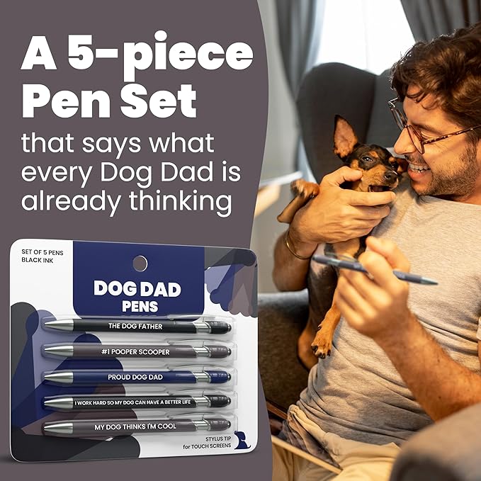 rubyloo Funny Dog Dad Gift Pen Set – 5 Black Ink Ballpoint Pens with Stylus Tip & Quality Metal Barrel with Doggy-Themed Quotes – Cool Dog Dad Gift for Men for Birthday, Father’s Day, Vet Tech