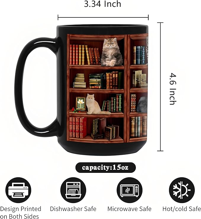 Cat Book Mugs - Coffee Mugs Lovers Gifts for Readers - Best Gift for Cat Lover - Reading Writer Women Tea Cups Library Bookshelf Mug 15oz - Black Chapter Book Mug(15oz-bookshelf)