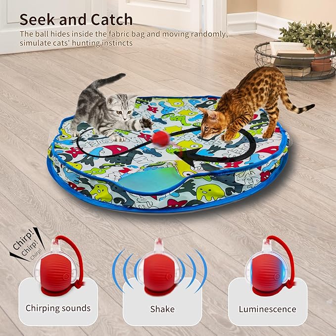 Interactive Cat Toy for Indoor Cat, Hide and Seek Cat Toy, Play Mat Toys with Self Rolling Ball in Pouch, Motion Activate&Buzzing, Rechargeable Pet Teaser Toy (Blue)