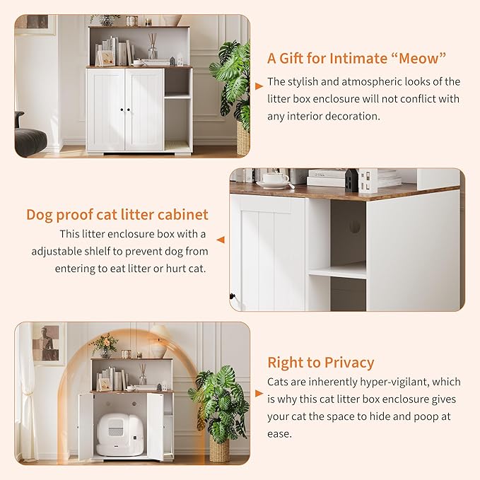 Garvee Dog-Proof Large Cat Litter Box Enclosure with Scratch Pad, Large Automatic Litter Box Furniture for Placing Self-Cleaning Litter Box,Litter Cabinet with Outlet,Space for Cat Stuffs