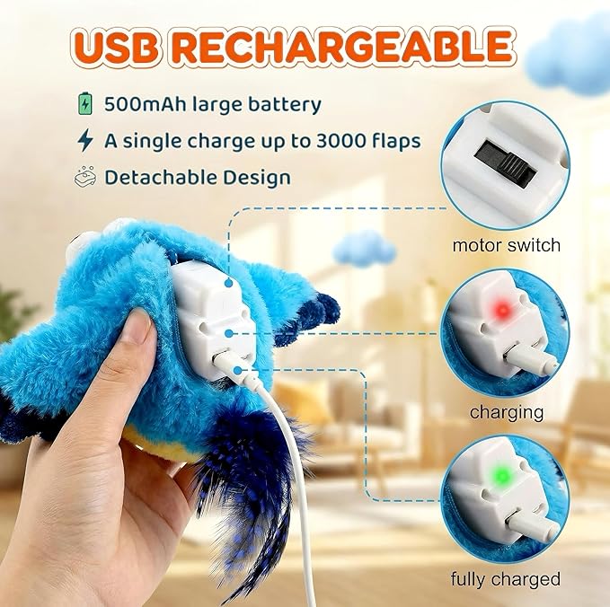 Flying Bird Cat Toys - Interactive Simulated Chirping & Flapping Wings, Realistic Flappy Chase with Catnip, Viral USB Rechargeable Motion-Activated Toy for Indoor Cats