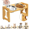 Adjustable Elevated Dog Bowls Raised Dog Bowl Natural Bamboo Stand with 2 Stainless Steel Food Bowls Non-Slip Feeder for Small Dogs and Cats (Natural)