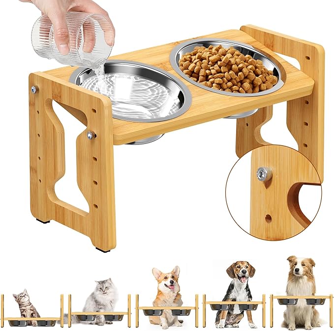 Adjustable Elevated Dog Bowls Raised Dog Bowl Natural Bamboo Stand with 2 Stainless Steel Food Bowls Non-Slip Feeder for Small Dogs and Cats (Natural)