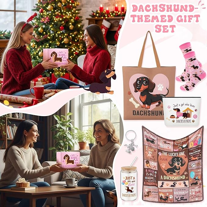 Paterr 6 Pcs Dachshund Lover Gifts for Women, Weiner Dog Gifts Canvas Tote Bag Makeup Bag Print Blanket Socks 16oz Glass Coffee Cup with Straw Cute Keychain for Mother's Day Birthday Girls Daughters
