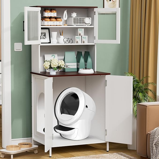 PakaLife Cat Litter Box Enclosure Furniture for Self-Cleaning Litter Box, Wood Cat Washroom Furniture with Cabinet, Shelves and Doors