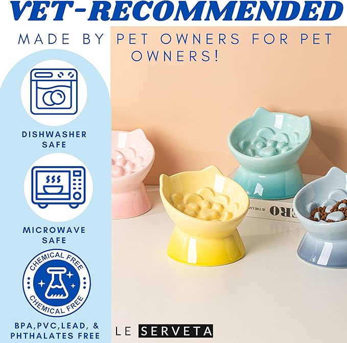 Macarons Series Ceramic Slow Feeder Cat Bowl, Raised Puzzle Feeder, Anti Vomiting Cat Slow Feeding, Elevated Food Bowl, Whisker Friendly Pet Bowl with Cute Ear Design (Gradient Green)
