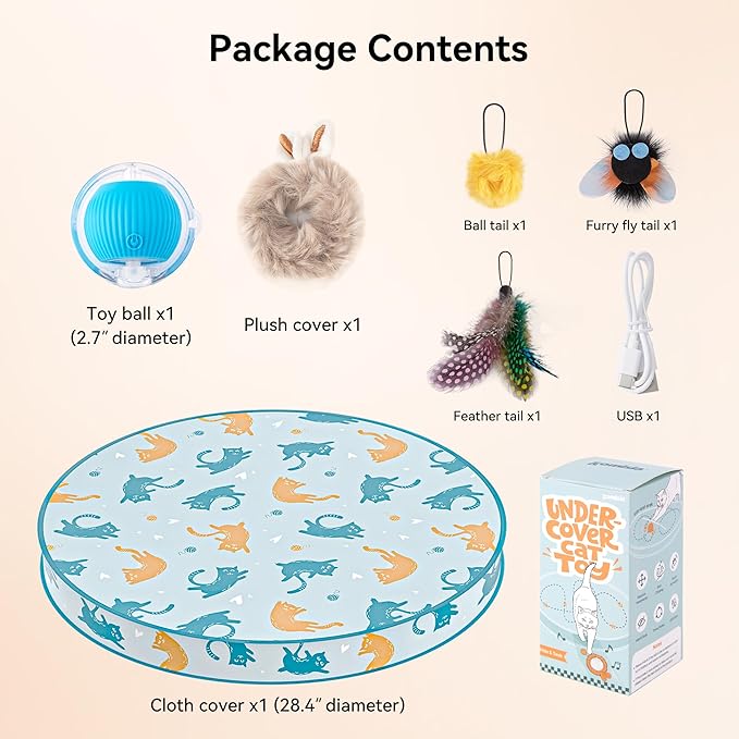 Interactive Cat Toy Ball, Hide and Seek Cat Toys in Play Mat, Moving Rolling Kitten Toys for Indoor Bored Cats, Motion Activated Rechargeable Kitty Toys with 3 Tails/LED Light/Bird Chirping
