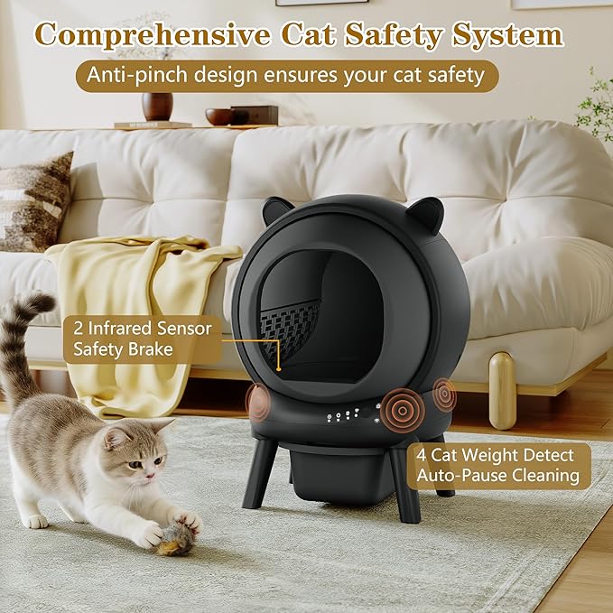 Automatic Cat Litter Box, Self Cleaning Litter Box Smart Robot for Multiple Cats, APP Real-Time Monitor, Odor & Noise Control, Safe Anti-Pinch, Trash Bag Included, Black
