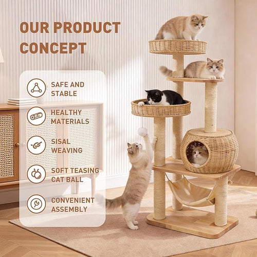 55" Wood Cat Tree for Indoor Cats Large Adult,Tall Cat Tower with Scratching Post and Cozy Hammock for Large Cat,Multi-Level Modern Cat Condo with Hand-Woven,Easy to Assemble and Clean