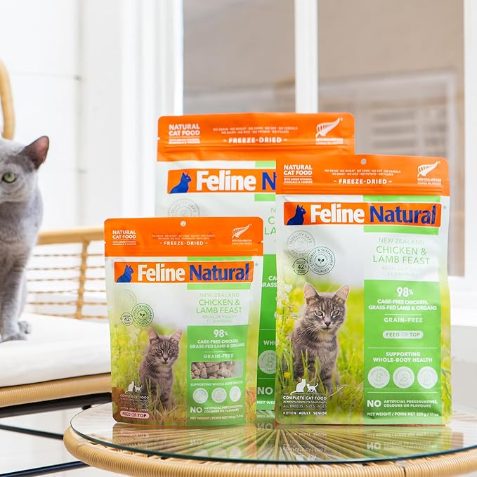 Feline Natural High Protein Dry Cat Food, Freeze-Dried Diet with 98% Meat, Organs & Seafood, No Peas, Grains, or Artificial Additives, Made in New Zealand, Chicken & Lamb, 3.5oz