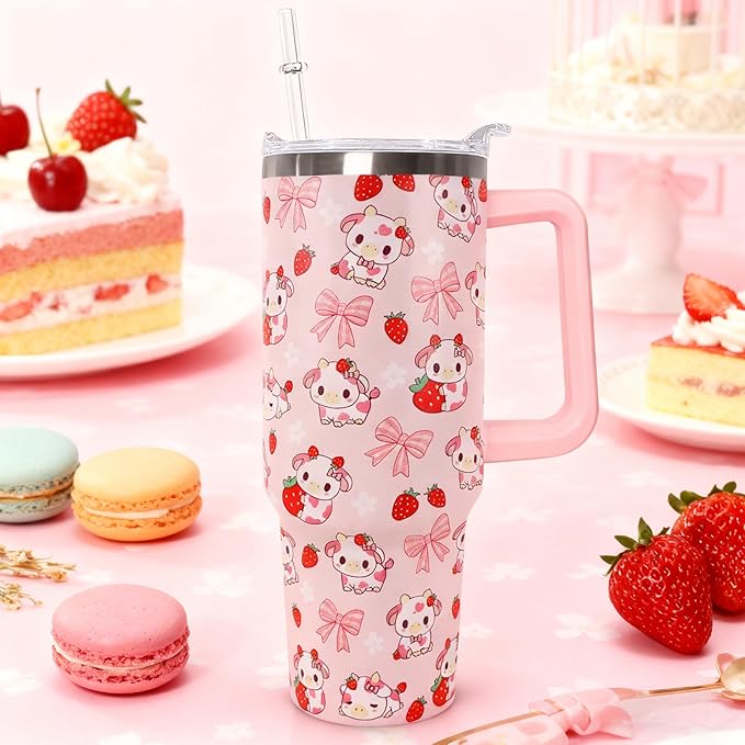 Ceovfoi 40 Oz Strawberry Cow Tumbler With Handle,Cow Print Coffee Travel Mug Cup Water Bottle,Strawberry Decor, Cow Print Gifts for Women