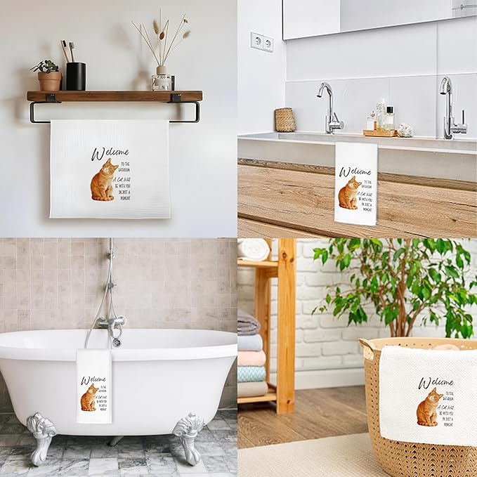 Funny Orange Tabby Cat Bathroom Hand Towels, Cat Lovers Mom Dad Lady Gifts, Welcome to The Bathroom Orange Kitten Decorative Hand Towels for Washroom Restroom, 16x24 Inch