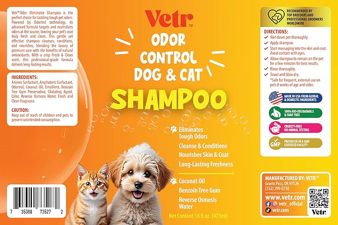 Vetr Pet Odor Eliminator Pet Shampoo, 16 oz - Fresh & Clean Scent, All Natural, Nourishes Skin & Coat