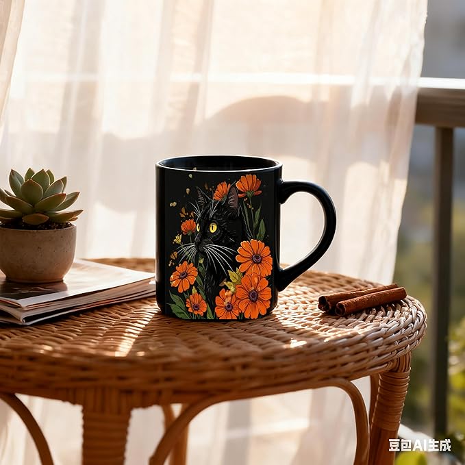 Mystical Floral Black Cat Mug, Black Cat Gifts Coffee Cup, Cats Lover Mom Dad Gifts, Dark Aesthetic Orange Daisy Flower Kitten Kitty Ceramic Coffee Mug 11 oz