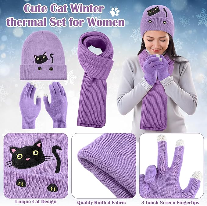 Mepase 6 Pcs Winter Cat Gifts Set for Women Birthday Include Cat Beanie, Scarf, Touchscreen Gloves, Flannel Throw Blanket Makeup Pouch and Transparent Zip Tote Purple Knit Valentine Gift Accessories