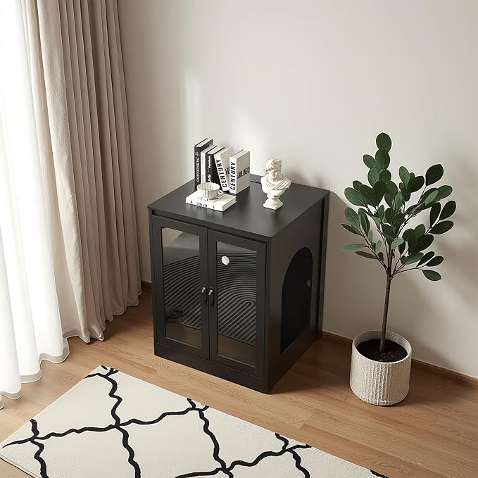 Cat Litter Enclosure with Cat-Viewing Glass Doors, Litter Cabinet with Power Outlet and Cozy LED Lights, Reversible and Optional Entry, Black
