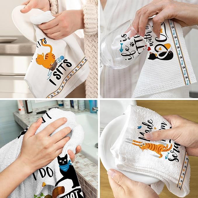 pinata Cat Lover Gifts for Women, Cat Kitchen Towels Set of 4, Cute Funny Housewarming Dish Hand Towels for Home Kitchen Decor