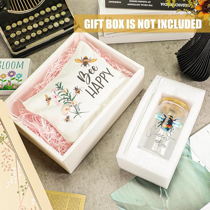 Hushee 3 Pcs Bee Theme Gifts for Mother Day Happy Makeup Bag and Glass Cup with Lid Straw Keychain Inspirational for Mom Friend Sister Coworker