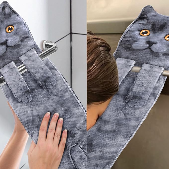 Funny Hand Towels for Bathroom Kitchen Decor - Cute Cat Hanging Hand Towel Kitchen Gadgets - Unique Housewarming Birthday Christmas Cat Lover Gift Ideas for Women Mom Lady Adults