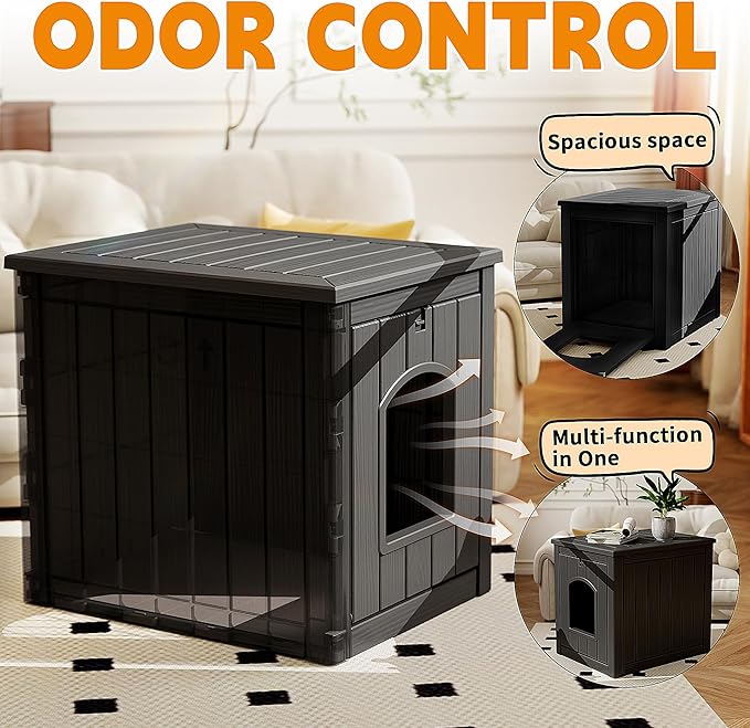 Cat Litter Box Enclosure, Multi-Functional Hidden Cat Litter Box Furniture & Cat Box Enclosure Cabinet with Side Table Design, Openable Front Door & Raised Floor, Easy to Clean & Assemble, Black