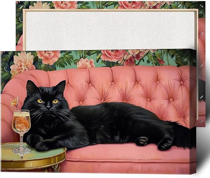 Black Cat With Martini Wrapped Framed Print Poster Pet Art Bar Cart Decor Cat Lover Gift Wall Art Room Decor Aesthetics Ready To Hang 16X24 inch