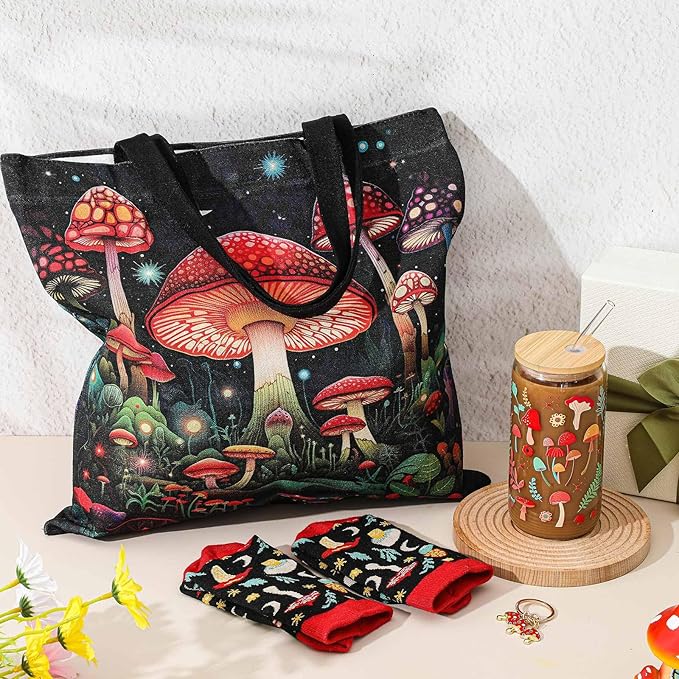 Paterr 4 Pcs Mushroom Gifts for Women Mushroom Lover Gift for Mother's Day Birthday Decorations, with Canvas Tote Bag 16oz Glass Coffee Cup with Straw Socks Cute Keychain