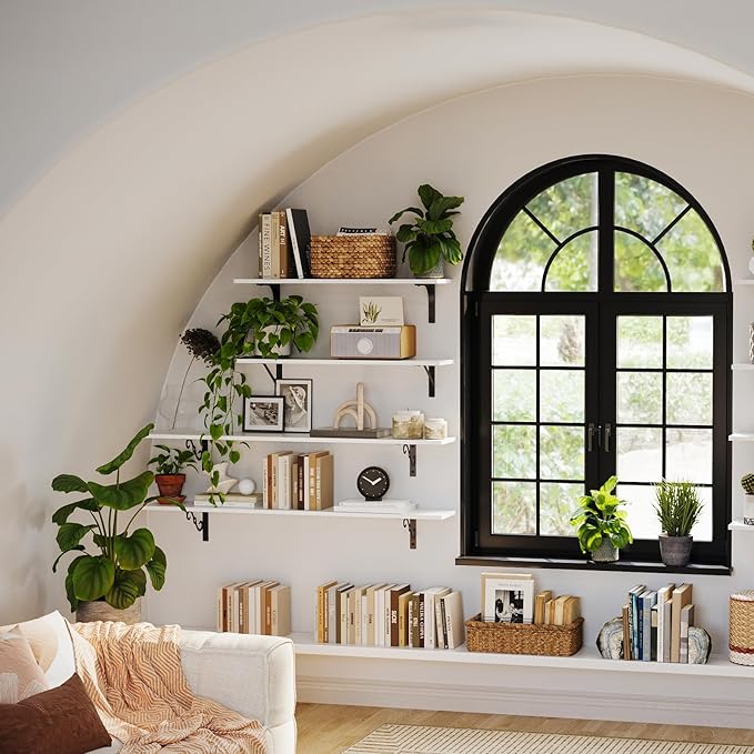 DINZI LVJ Long Wall Shelves, 24 Inch White Floating Shelves Set of 2, Easy-to-Install, Wall Storage Ledges with Sturdy Metal Brackets for Living Room, Bathroom, Bedroom, Kitchen, White