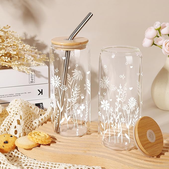 Joeyan Glass Cups with Lids and Straws - 20oz Daisy Iced Coffee Cup, Cute Floral Glass Tumbler for Smoothie Boba Tea, Boho Flower Drinking Glasses, Birthday Mothers Day Gift for Women, Mom, Friend