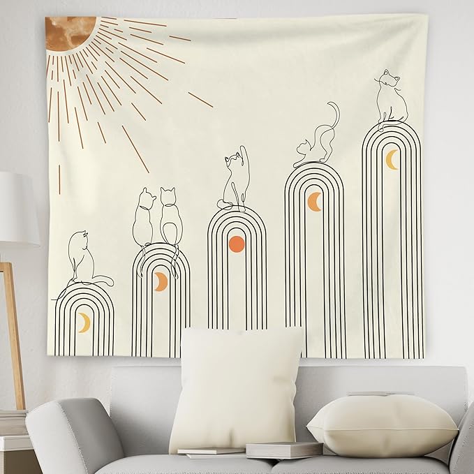 WNAGT Boho Celestial Cat Tapestry Wall Hanging, Cat Lover Gifts, Abstract Modern Minimalist Boho Sun and Moon Cats Wall Blanket Decor for Home Bedroom Living Room Office, 50x60 Inch