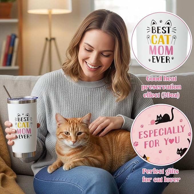 Xqumoi Cat Mom Gifts for Women - Cats Lover Gift Box for Mother's Day, Birthday, Christmas Cute Kitty Present Set for Crazy Cat's Lady Daughters Girls with Tumbler Makeup Bag Paw Socks Bookmark