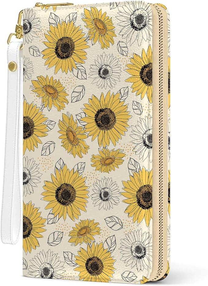 Womens Wallet, Sunflower Wristlet Wallet For Women, Vintage Floral Card Holder Purse, Birthday Christmas Graduation Gifts For Women, Vintage Sunflower Aesthetic Office Daily Purse