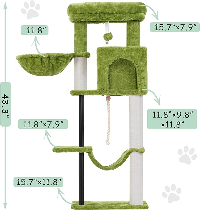 Gitelsnour Cat Tree, Cat Tower for Indoor Cats, 43.3 inch Cat Tree Tower with Sturdy Steel Tube, Hammock, Cat Condo for Small Cats and Kittens, Scratching Post, Green GCT004SGR