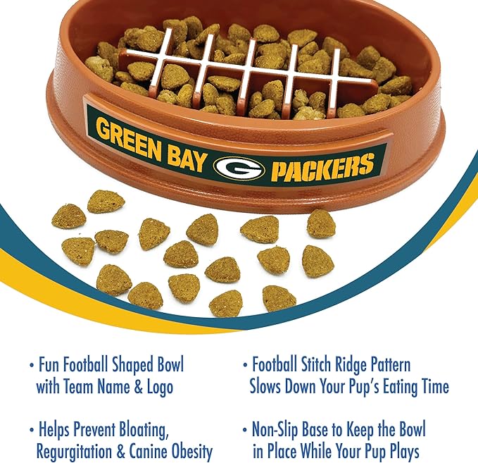NFL Super-Bowl Green Bay Packers Slow Feeder Dog & Cat Bowl. Football Design for Healthy Digestion. Non-Slip for Large & Small Pets