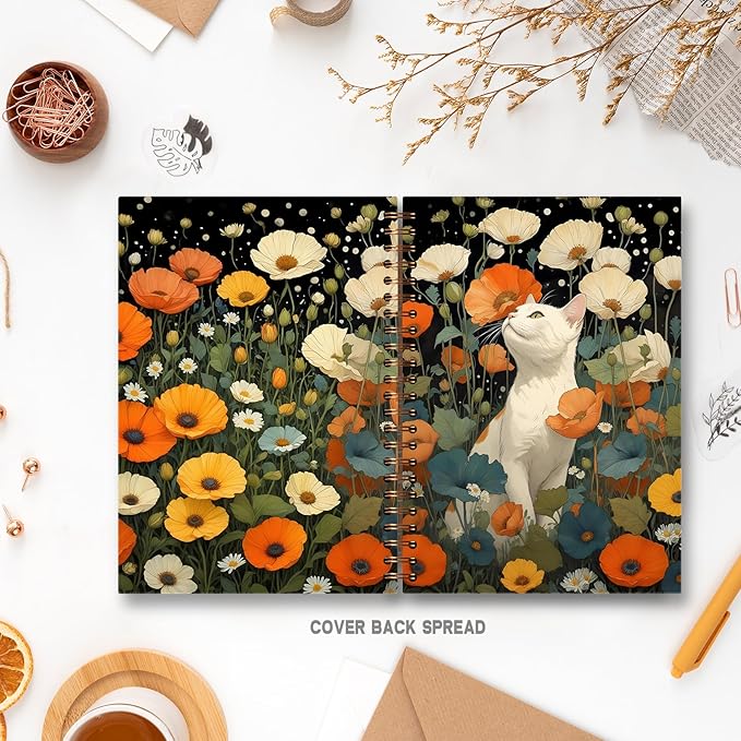Vintage Floral Cat Notebook, Colorful Cottagecore Wildflower Botanical White Cat Journal for Writing, Cats Mom Lovers Gifts for Women, Spiral Notebook 5.5x8.3 Inch