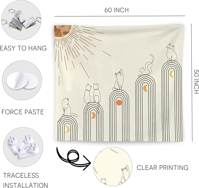 WNAGT Boho Celestial Cat Tapestry Wall Hanging, Cat Lover Gifts, Abstract Modern Minimalist Boho Sun and Moon Cats Wall Blanket Decor for Home Bedroom Living Room Office, 50x60 Inch