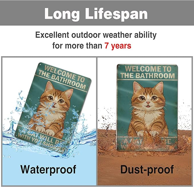 Funny Bathroom Sign Welcome to The Bathroom A Cat Will Be with You Shortly Humorous Restroom Decor Quirky Cat Lover Gift Novelty Aluminum Sign 8x12 Inches Orange Cat-02