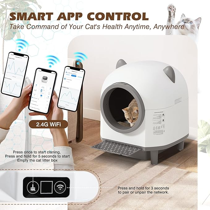 Grepatio Automatic Cat Litter Box, Self Cleaning Litter Box for Multiple Cat, APP Control, Safe Anti-Pinch, Weight Monitoring, Smart Cat Litter Box Includes Scent Cartridge, 2-Roll Garbage Bags