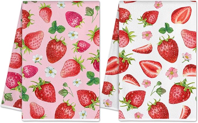 Hexagram Strawberry Kitchen Towels Set of 2, Strawberry Decor Gifts for Women, Funny Cute Housewarming Dish Hand Towels for Home Kitchen Decor