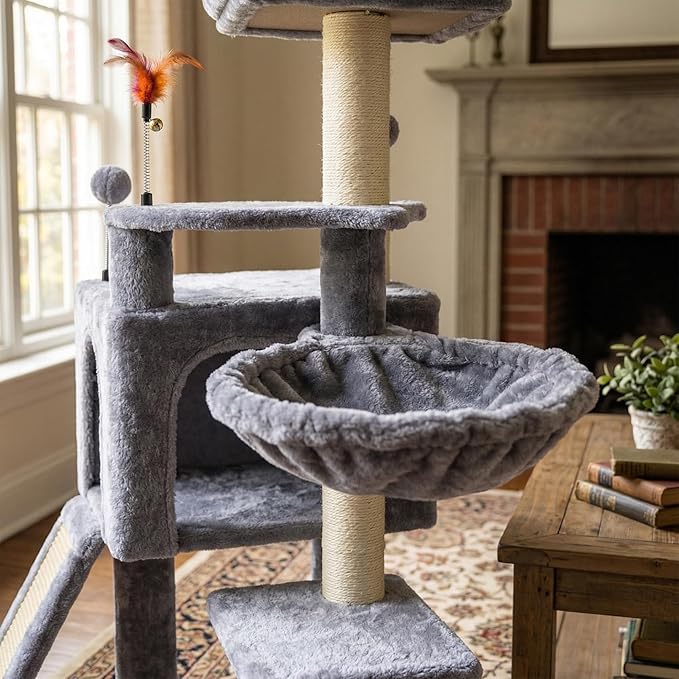 AIWIKIDE 35.4'' Multifunction Cat Tree with Cozy Hammock & Hanging Ball, Cat Tower with Activity Cat Condo & Jute-Covered Scratching Posts, Grey