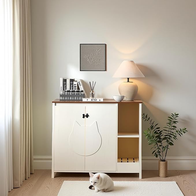Cat-Faced Litter Enclosure for Placing Cat Robot 3/4, Power Outlet for More Choices, Litter Collector and Dog-Proof Adjustable Shelf (Antique White)