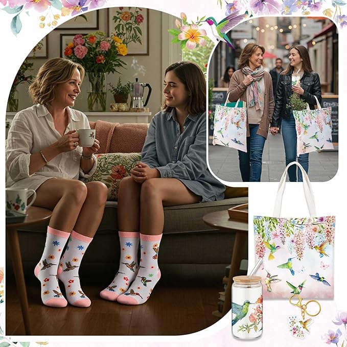 Paterr 4 Pcs Hummingbird Gifts for Women, Hummingbird Lover Gifts for Valentine's Day Birthday Mother's Day Decorations, with Canvas Tote Bag 16oz Glass Coffee Cup with Straw Cute Keychain Socks