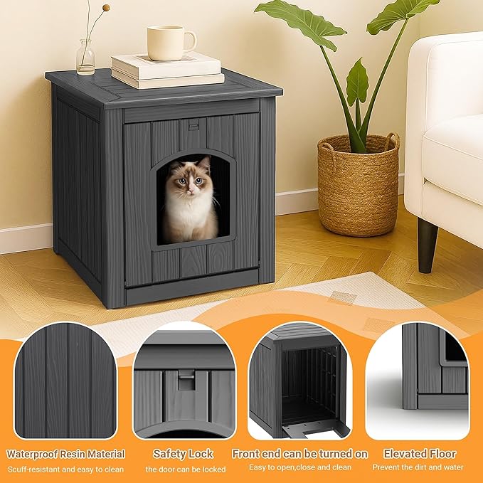 Cat Litter Box Enclosure, Plastic Hidden Litter Box Side Table with Openable Front Door, Cat Box Enclosure Cabinet for Indoor & Outdoor Use, Weatherproof, Easy to Clean & Assemble, Black