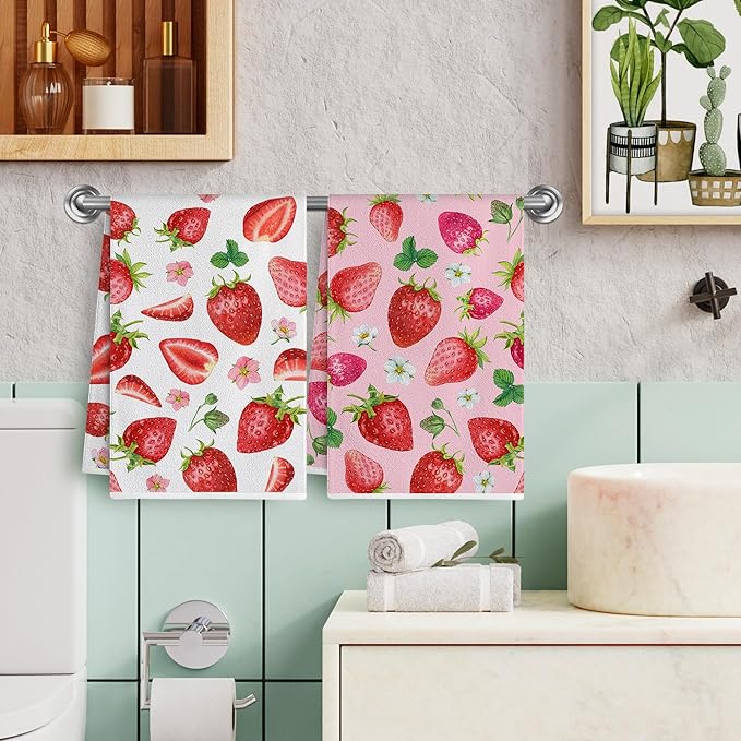 Hexagram Strawberry Kitchen Towels Set of 2, Strawberry Decor Gifts for Women, Funny Cute Housewarming Dish Hand Towels for Home Kitchen Decor