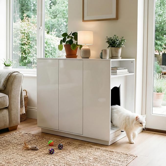 Large Hidden Litter Box Furniture with Led Light & Power Outlets, Modern Cat Litter-Box Enclosure for Self-Cleaning Litter Boxes, Indoor Wooden Storage Cat Cabinet, High-Gloss White