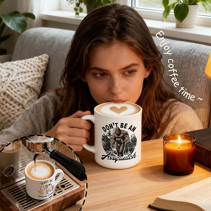 Retro Forest Funny Bigfoot Mug, Big Foot Sasquatch Gifts Coffee Cup, Gifts for Camping Hiking Lovers, Don't Be an Assquatch Sarcastic Ceramic Coffee Mug 11 oz
